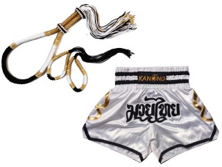 Mongkol Prajead sæt med Muay Thai Shorts: Sæt-Mongkol-ThaiStyle-Hvid-Sort-Guld-143-Hvid